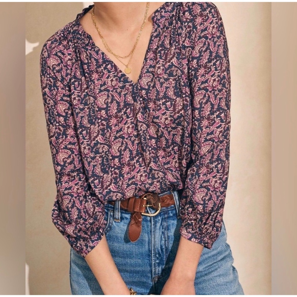 Faherty Boho Paisley Peasant Floral Pattern Portia Blouse Flowy Indie Top S